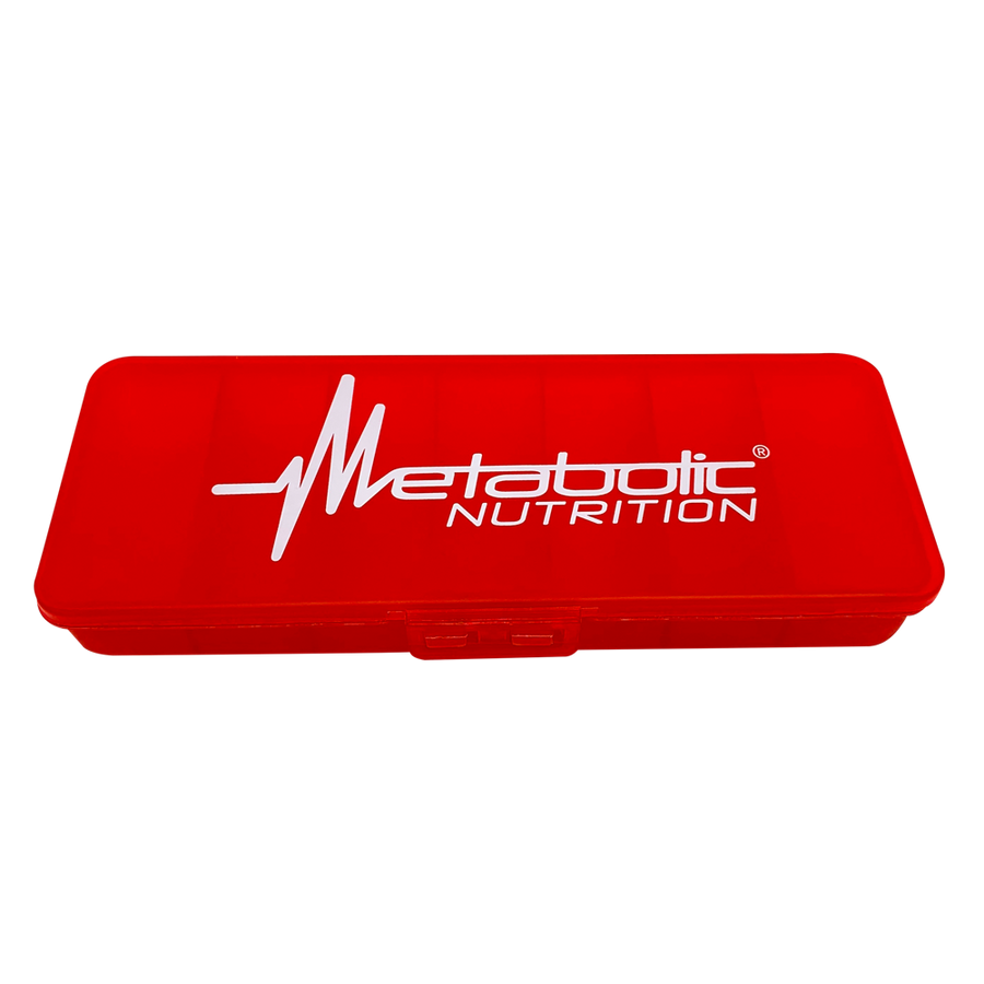 Metabolic Nutrition, red, rectangular, 7 day, pill case.